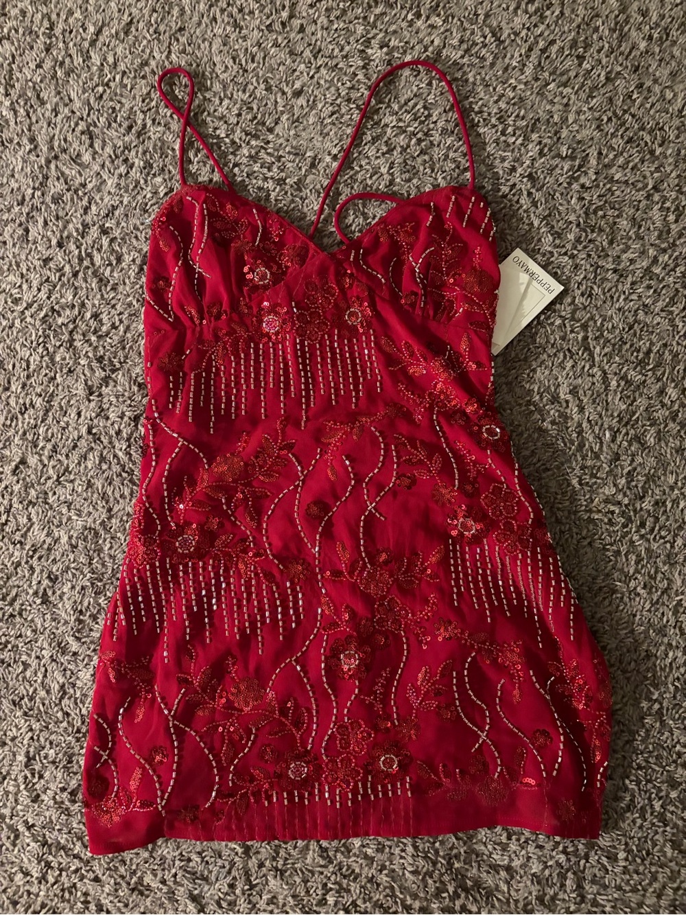 Peppermayo Red Beaded Spaghetti-Strap Mini Dress brand new never worn